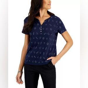 Karen Scott Petite Glitter Shell-Print Henley Top Size XXL NWT